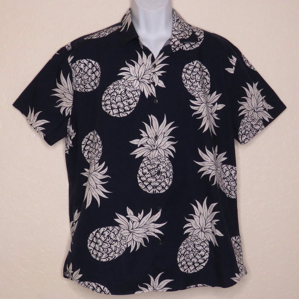 Express* Men's Short Sleeve Button Down Curved Hem Pineapple‎ Shirt~ Size XL